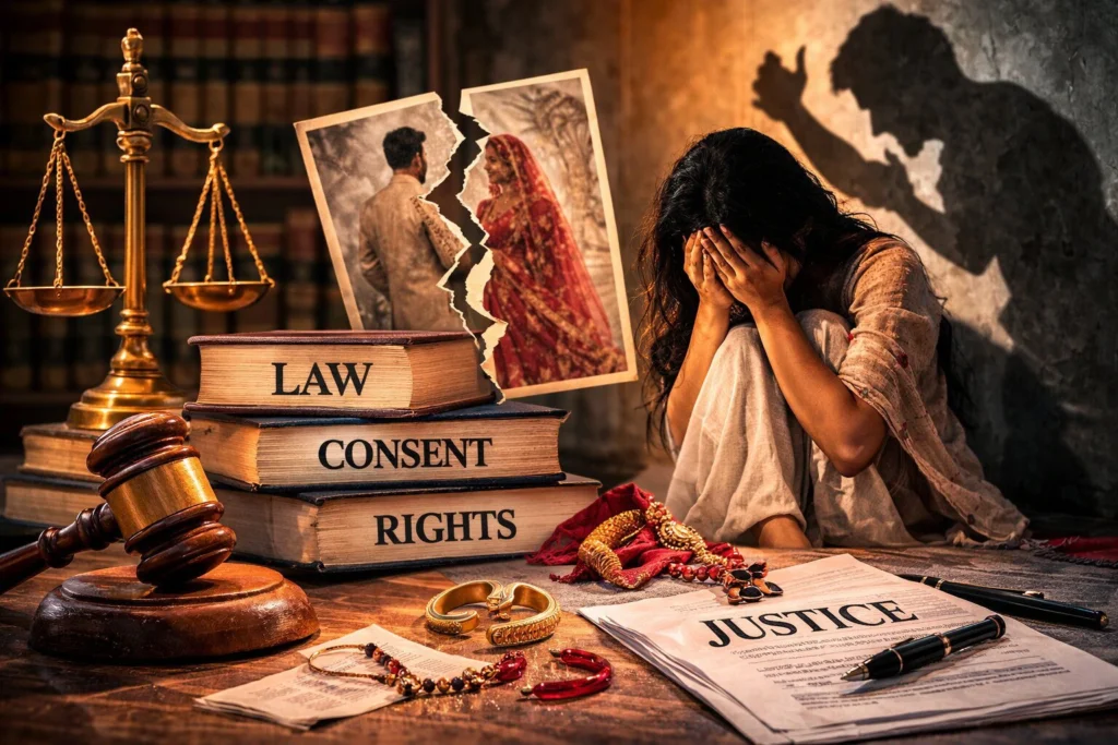 Symbolic image representing marital rape law debate and women's consent rights in marriage in India