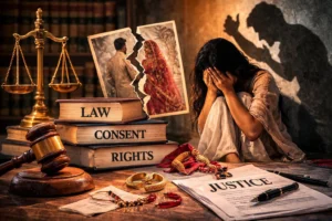 Symbolic image representing marital rape law debate and women's consent rights in marriage in India
